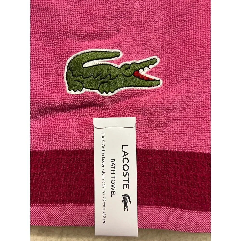 NEW! LACOSTE Pink Magenta Stripe Gator Logo Bath Towel 52